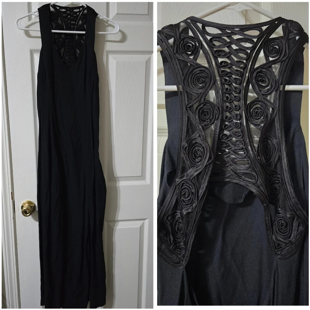 Vintage Gunne Sax Formal Maxi Gown, Sheer Rosette Racerback w/ Cut-Out, Sz 11/12